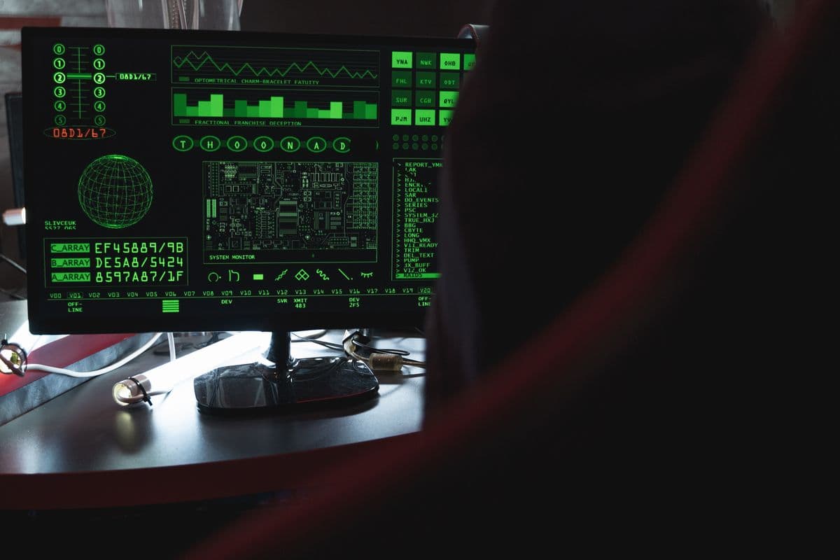 A hooded figure seen from behind facing a green system-monitor screen showing a wireframe globe